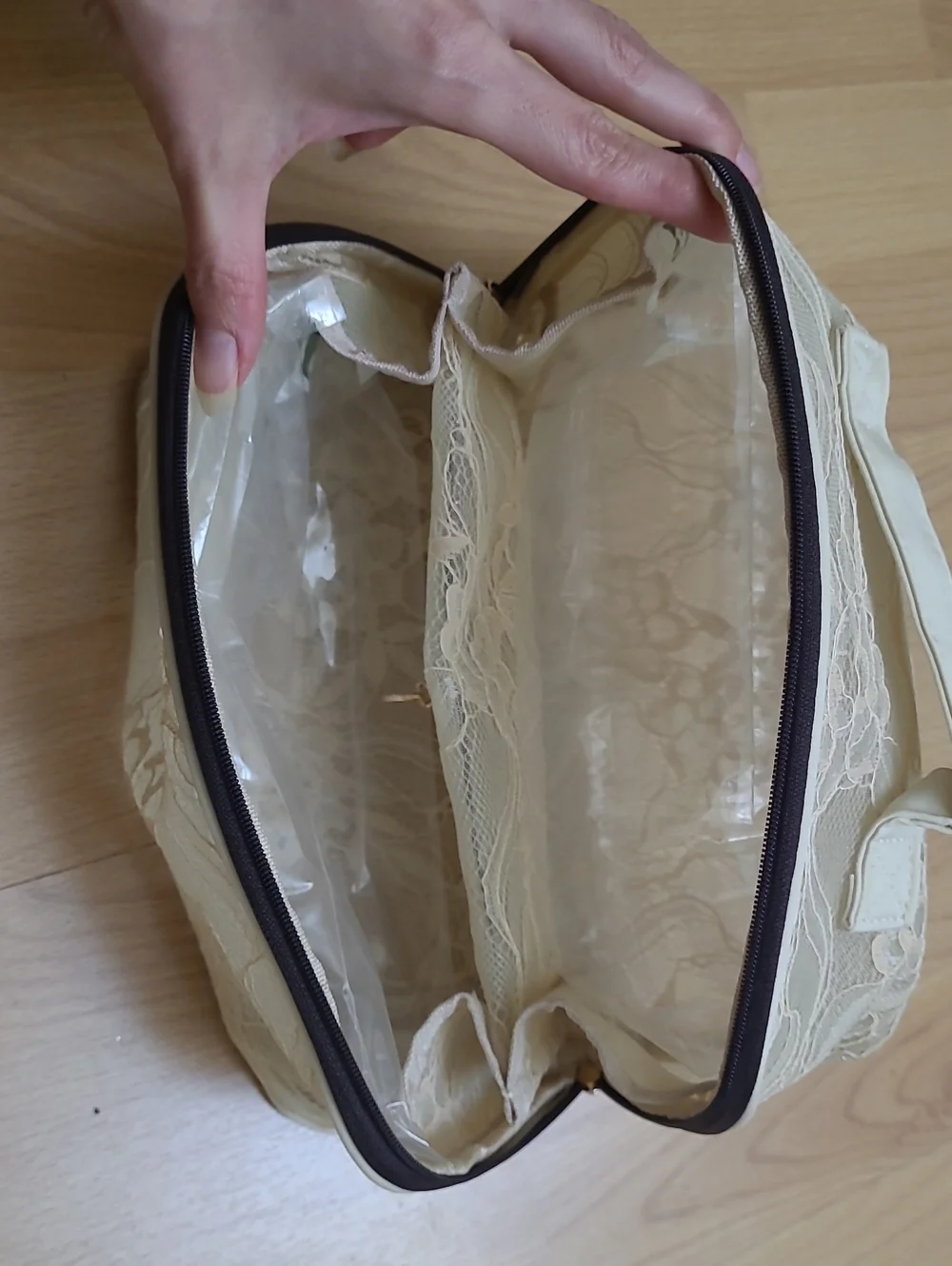 Lace Overlay Cream Cosmetic Travel Bag